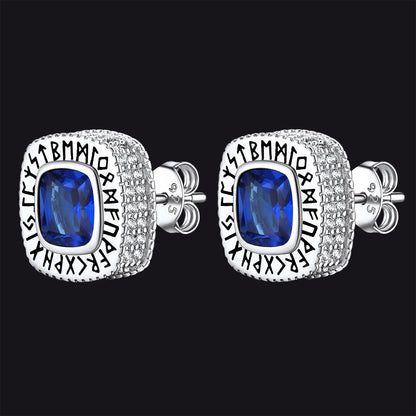 Cushion Cut Diamond Stud Earrings With Viking Runes in Sterling Silver