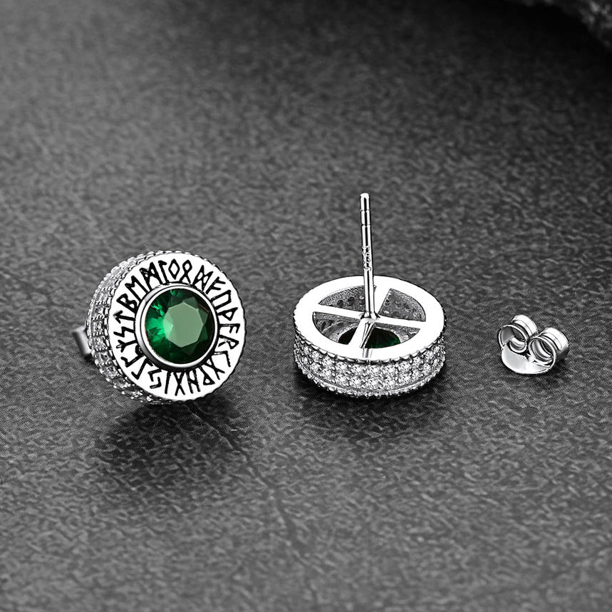 Sterling Silver Viking Runes Gemstone Stud Earrings for