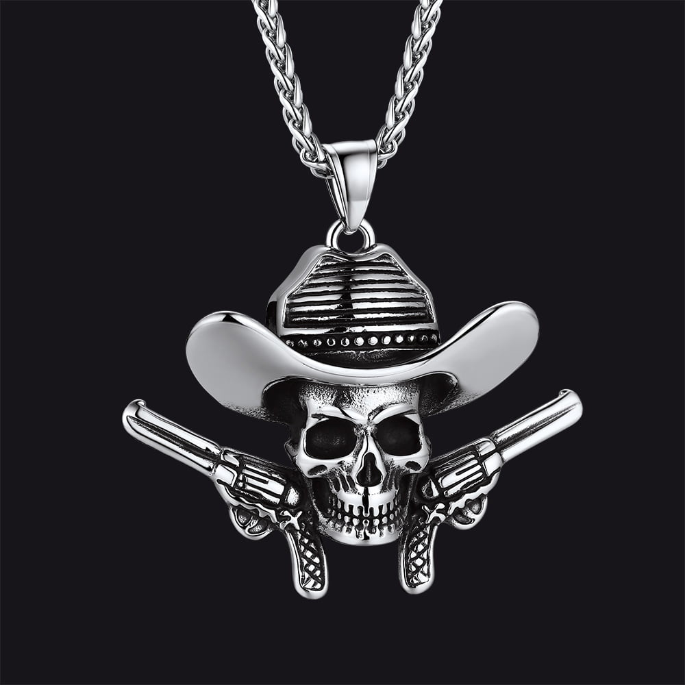 Gothic Cowboy Skull Pendant Necklace for