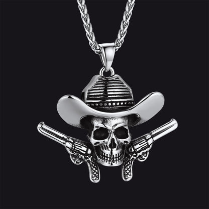 Gothic Cowboy Skull Pendant Necklace for