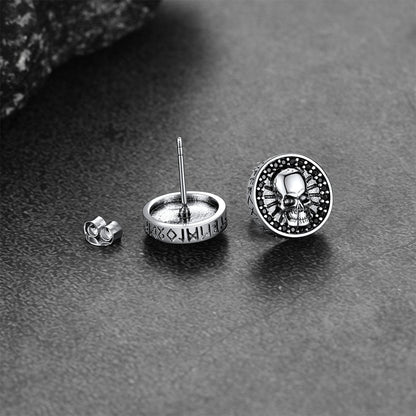 Skull Stud Earrings With Runes in Sterling Silver