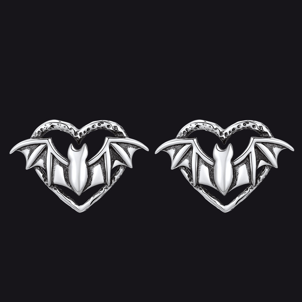 Halloween Bat Heart Stud Earrings for in Sterling Silver