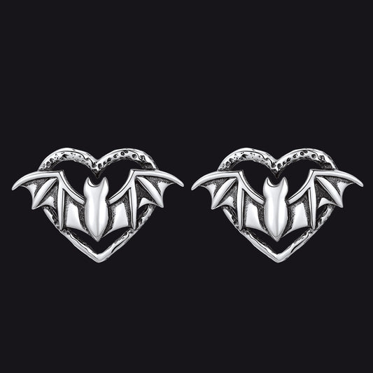 Halloween Bat Heart Stud Earrings for in Sterling Silver