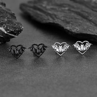 Halloween Bat Heart Stud Earrings for in Sterling Silver