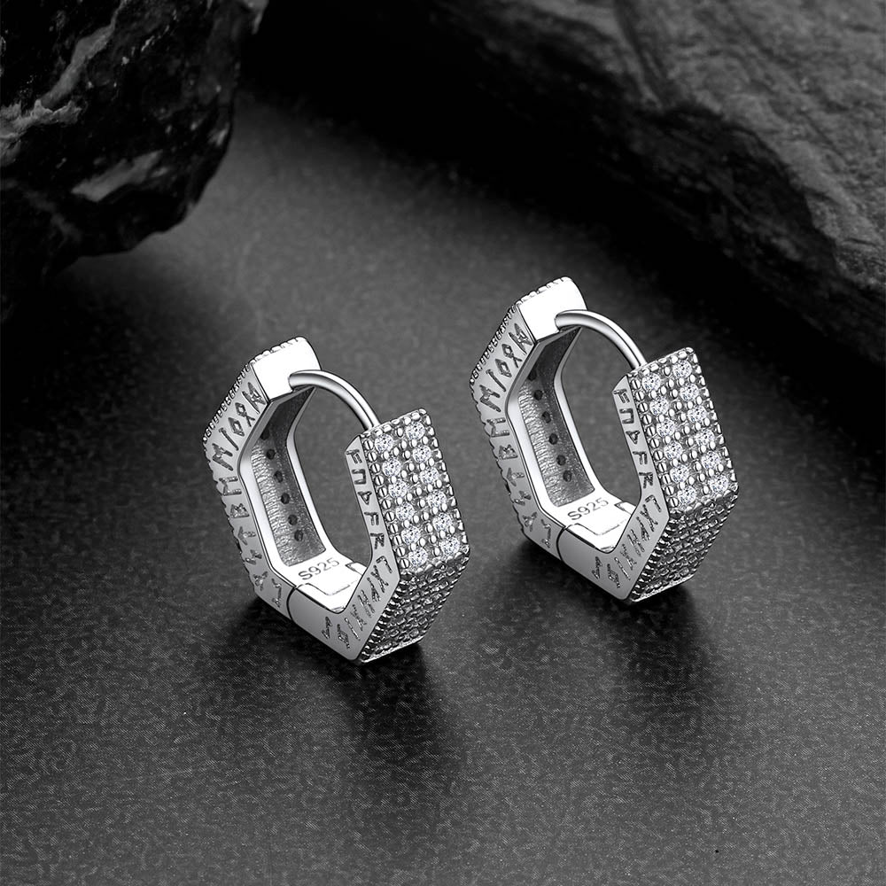 Hexagon Viking Diamond Hoop Earrings With Runes for