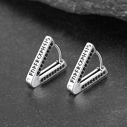 Sterling Silver Viking Triangle Huggie Hoop Earrings With Black Zirconia for