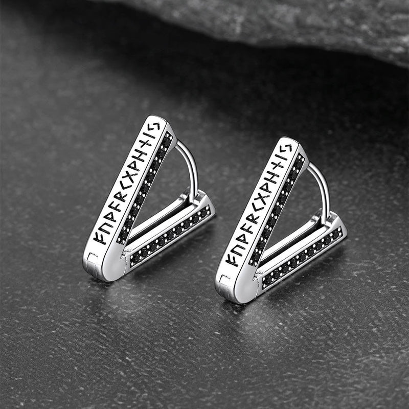 Sterling Silver Viking Triangle Huggie Hoop Earrings With Black Zirconia for