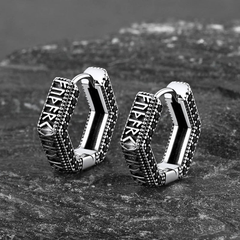 Viking Runes Hexagon Huggie Hoop Earrings for