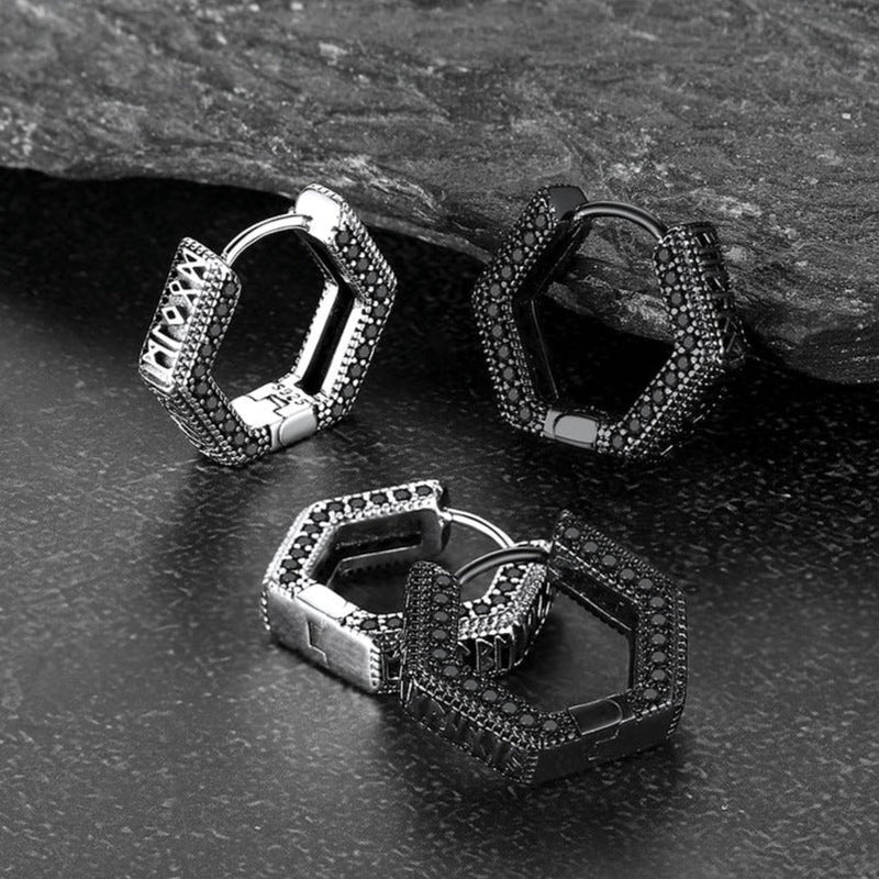 Viking Runes Hexagon Huggie Hoop Earrings for