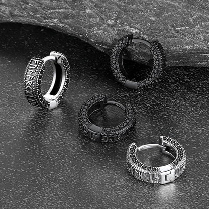 Sterling Silver Viking Runes Hoop Earrings With Black Zirconia for