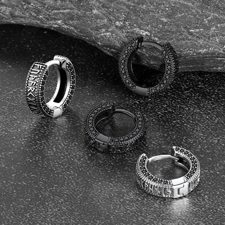 Sterling Silver Viking Runes Hoop Earrings With Black Zirconia for
