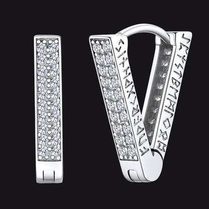 Cubic Zirconia Triangle Huggie Hoop Earrings With Viking Runes for
