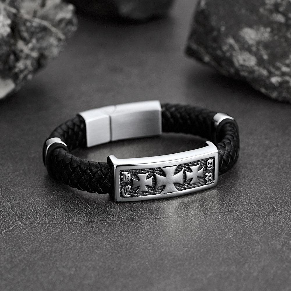 Christian Knights Templar Cross Leather Bracelet for