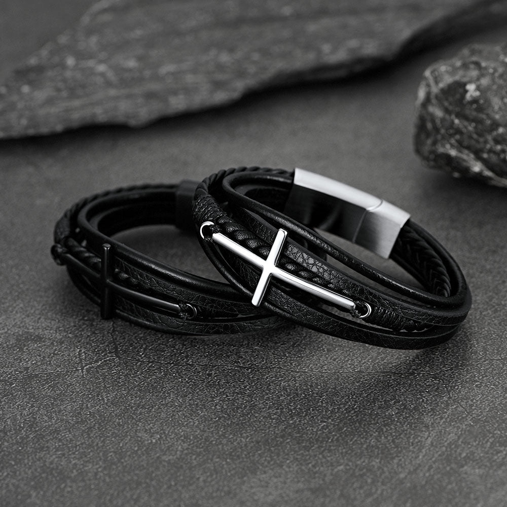 Christian Cross Multi-layer Braided Leather Bracelet for