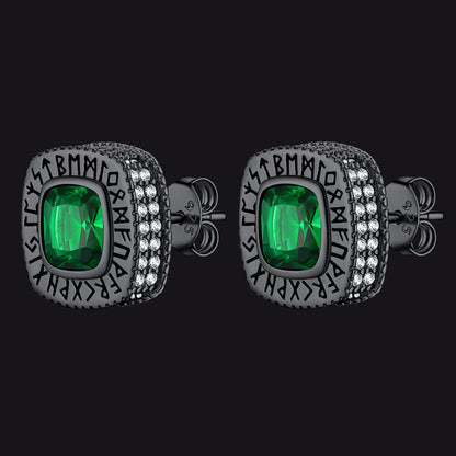 Cushion Cut Diamond Stud Earrings With Viking Runes in Sterling Silver