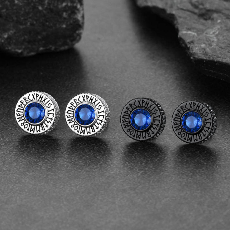 Sterling Silver Viking Runes Gemstone Stud Earrings for