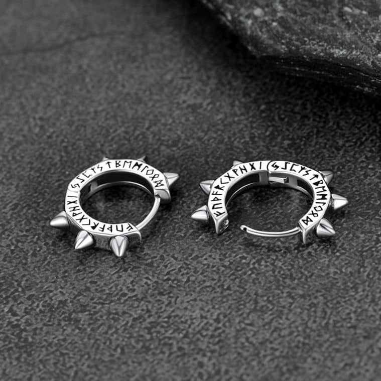 Sterling Silver Rivet Hoop Earrings With Viking Runes for