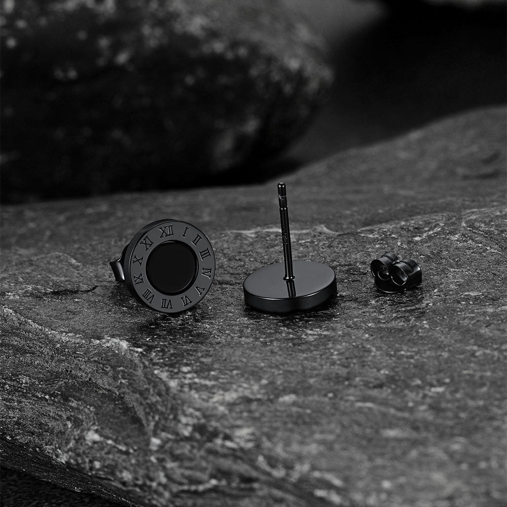 Sterling Silver Roman Numerals Black Onyx Stud Earrings