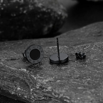Sterling Silver Roman Numerals Black Onyx Stud Earrings