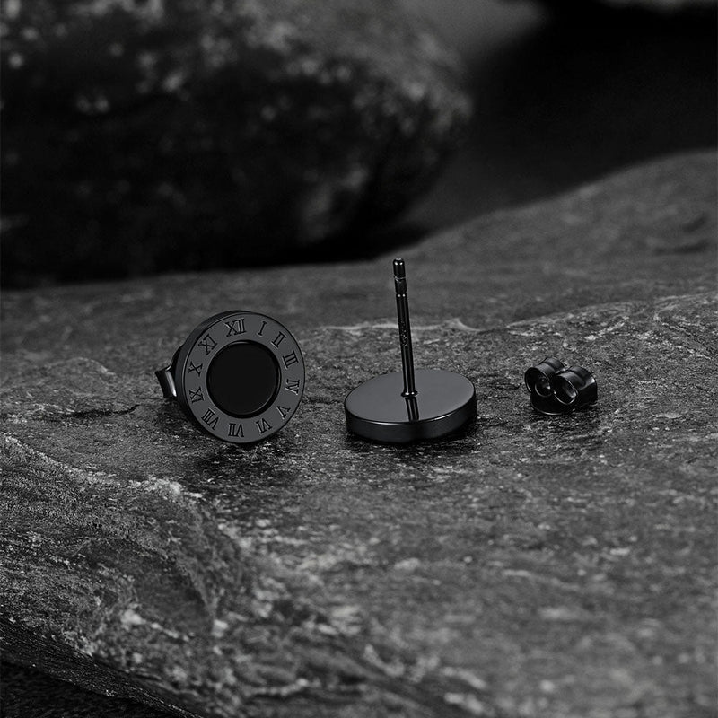 Sterling Silver Roman Numerals Black Onyx Stud Earrings