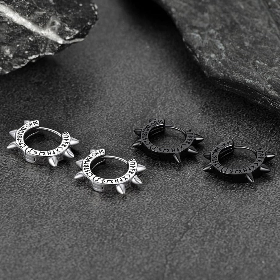 Sterling Silver Rivet Hoop Earrings With Viking Runes for