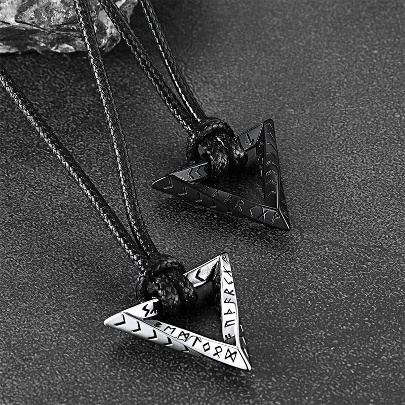 Viking Rune Mobius Triangle Pendant Necklace With Leather Chain