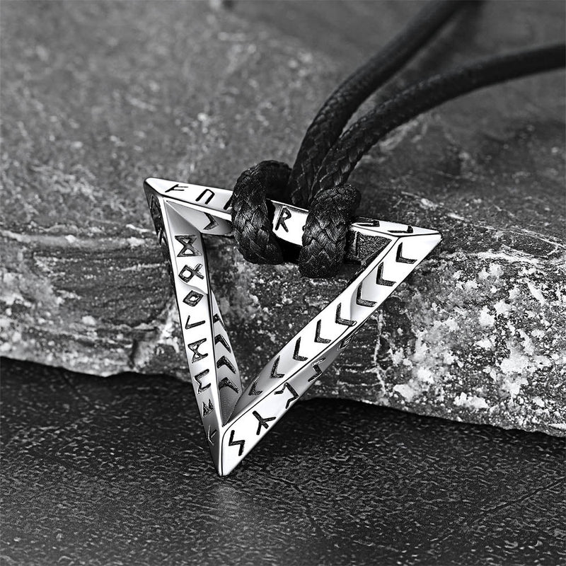 Viking Rune Mobius Triangle Pendant Necklace With Leather Chain