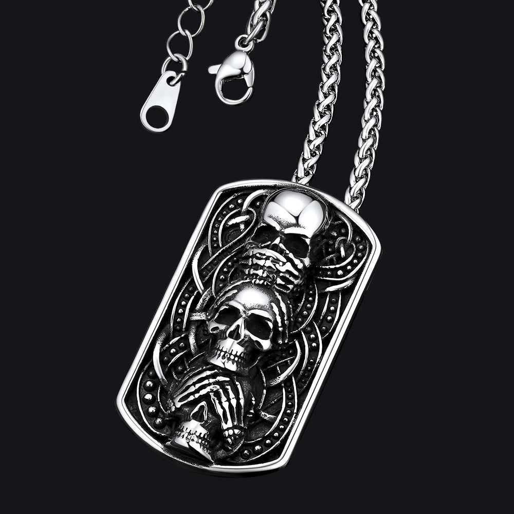 See No Evil, Hear No Evil, Speak No Evil Skulls Dog Tag Necklace for