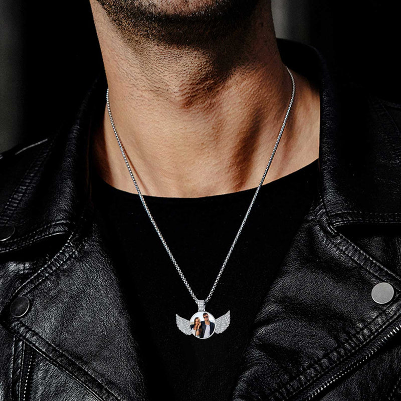 Sterling Silver Customized Memorial Picture Circle Chain Necklace With Angel Wing for