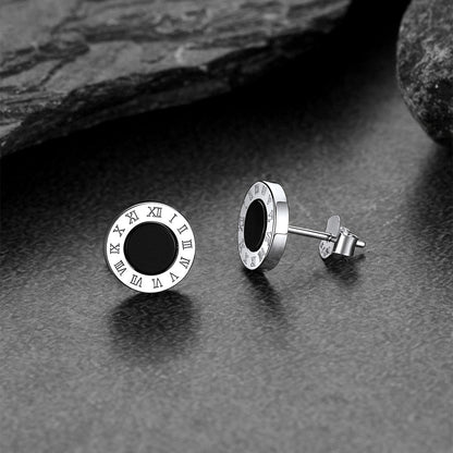Sterling Silver Roman Numerals Black Onyx Stud Earrings