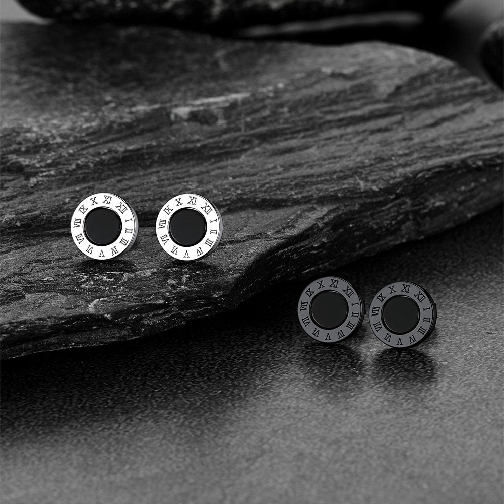 Sterling Silver Roman Numerals Black Onyx Stud Earrings
