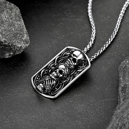 See No Evil, Hear No Evil, Speak No Evil Skulls Dog Tag Necklace for