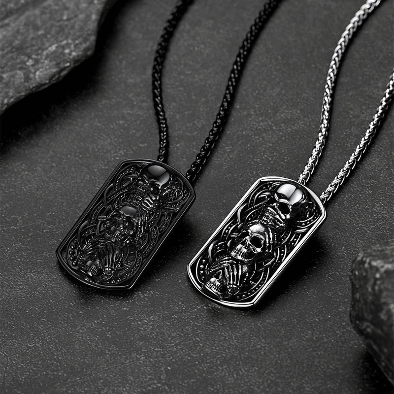 See No Evil, Hear No Evil, Speak No Evil Skulls Dog Tag Necklace for