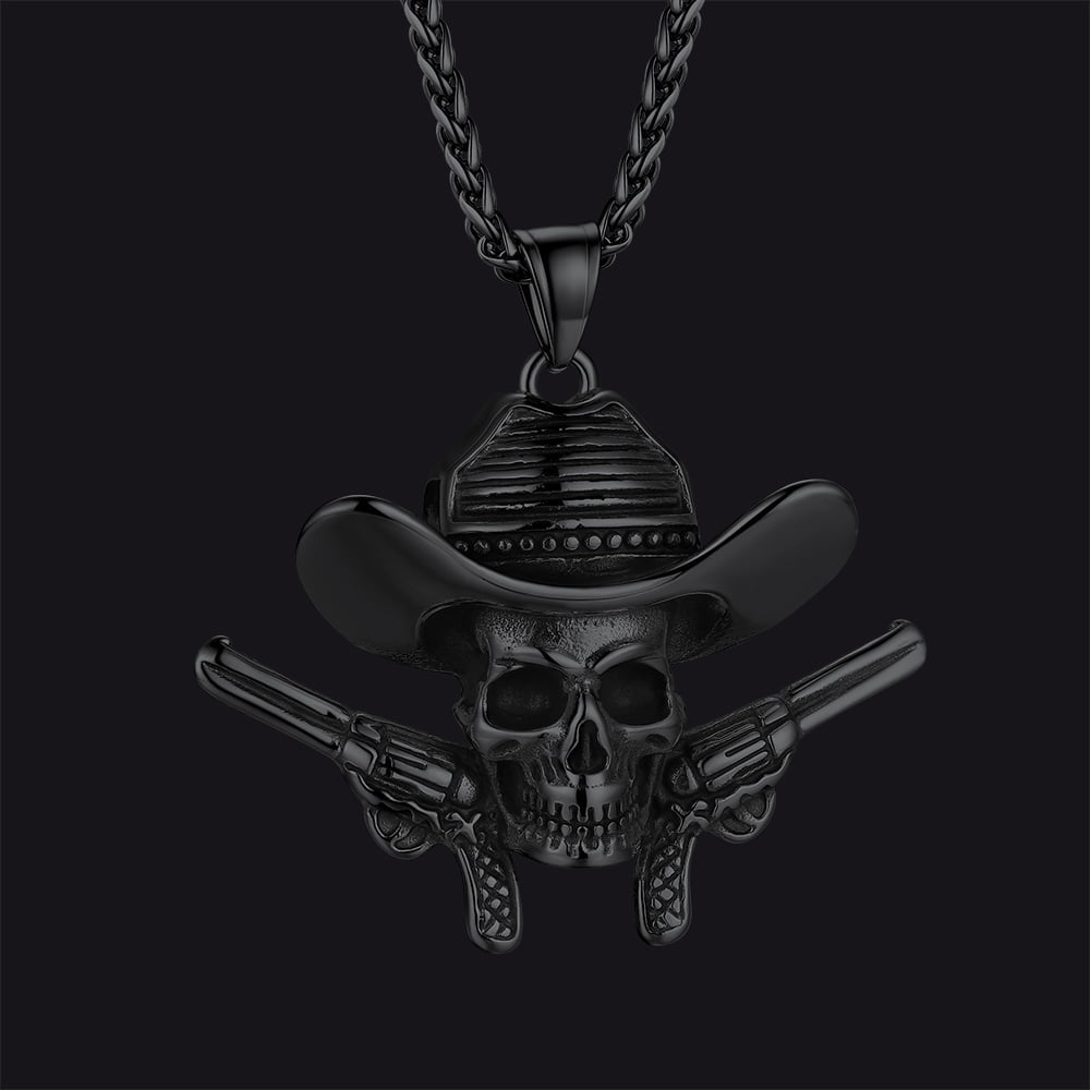 Gothic Cowboy Skull Pendant Necklace for