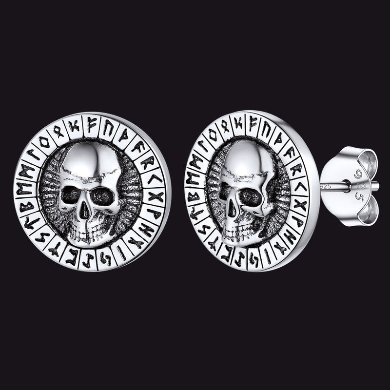 Sterling Silver Runes Skull Earrings Studs for