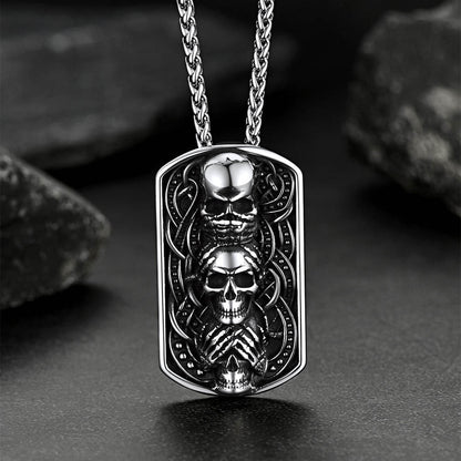 See No Evil, Hear No Evil, Speak No Evil Skulls Dog Tag Necklace for