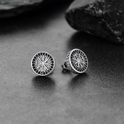 Sterling Silver Viking Compass Stud Earrings With Runes