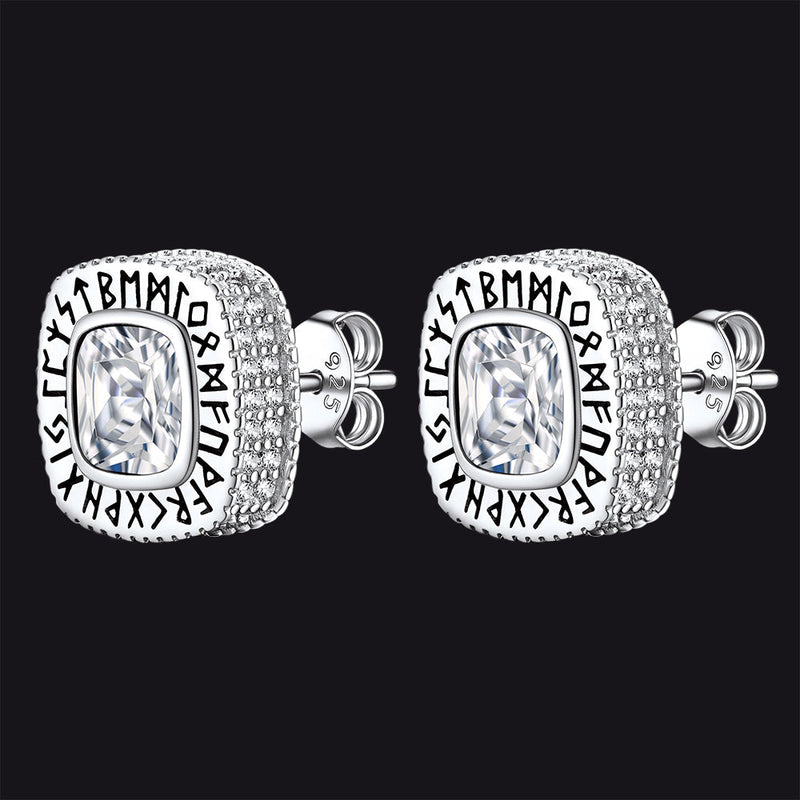 Cushion Cut Diamond Stud Earrings With Viking Runes in Sterling Silver