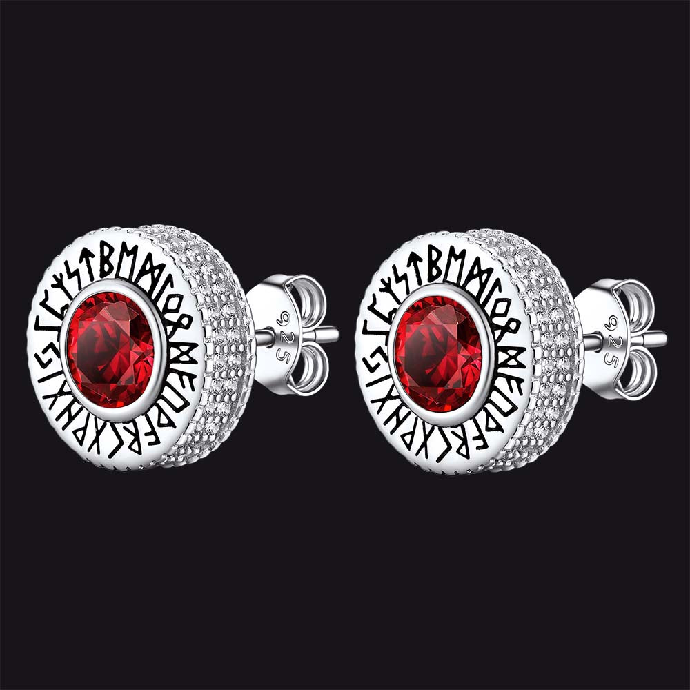 Sterling Silver Viking Runes Gemstone Stud Earrings for