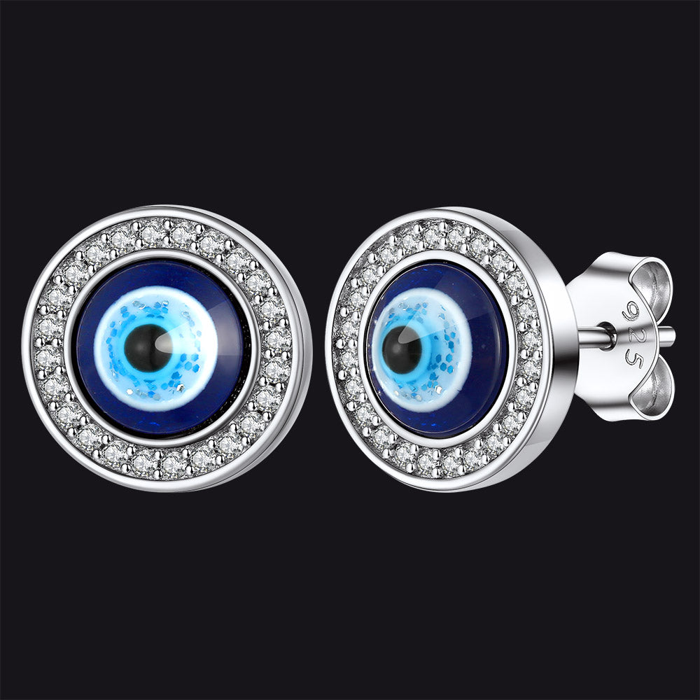 Sterling Silver Halo Evil Eye Stud Earrings