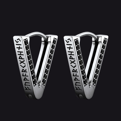 Sterling Silver Viking Triangle Huggie Hoop Earrings With Black Zirconia for