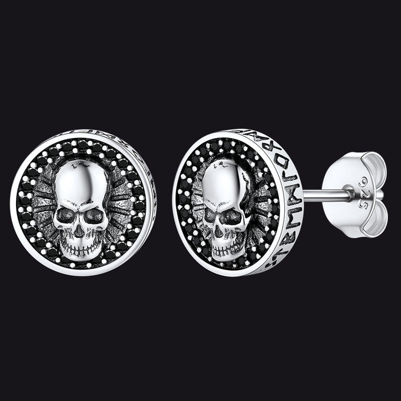 Skull Stud Earrings With Runes in Sterling Silver