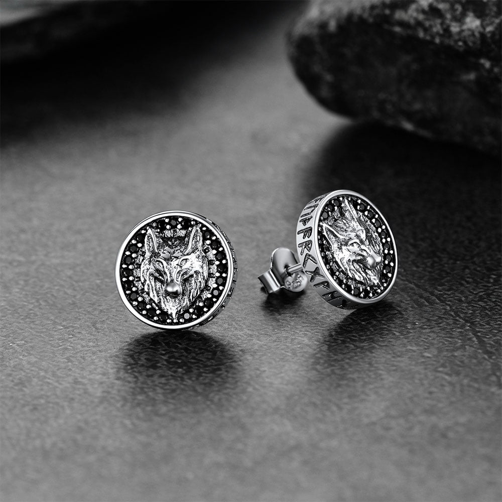 Sterling Silver Viking Wolf Head Stud Earrings for