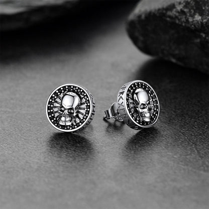 Skull Stud Earrings With Runes in Sterling Silver