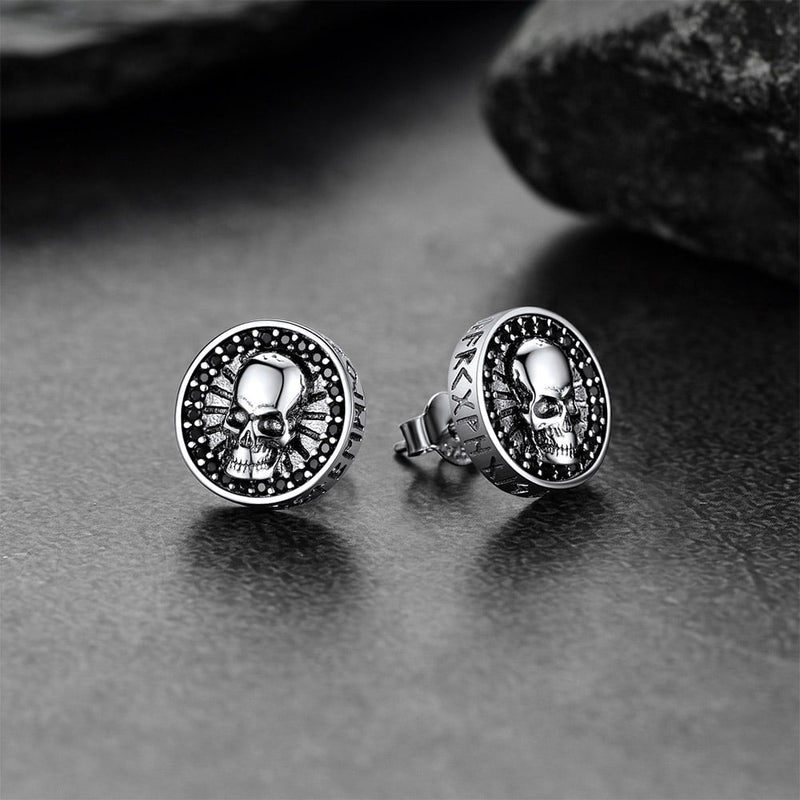 Skull Stud Earrings With Runes in Sterling Silver