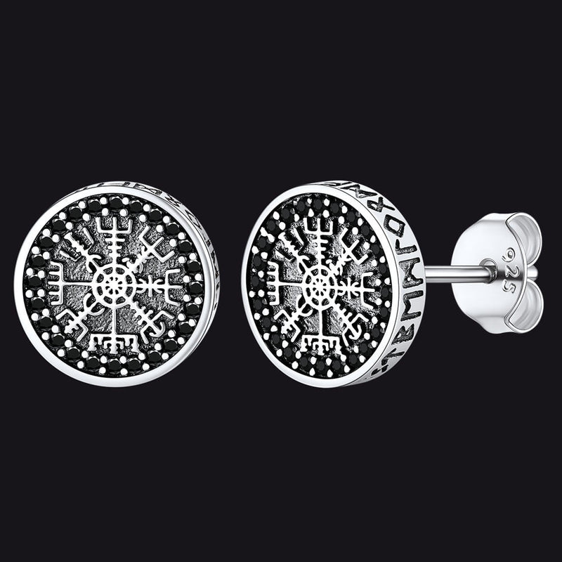 Sterling Silver Viking Compass Stud Earrings With Runes
