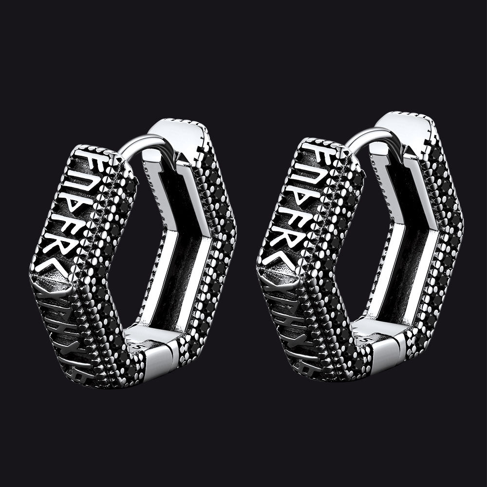 Viking Runes Hexagon Huggie Hoop Earrings for