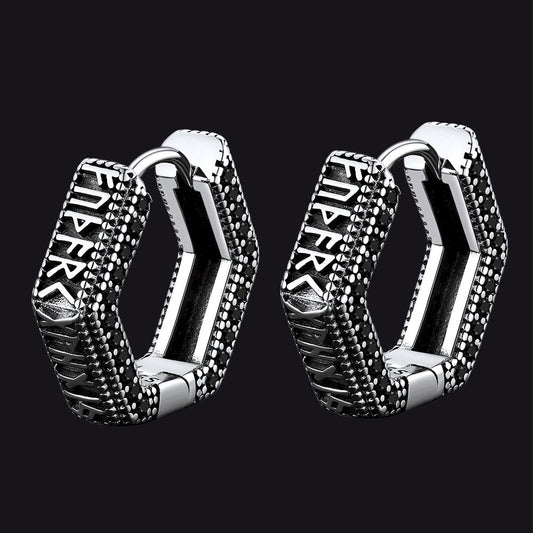 Viking Runes Hexagon Huggie Hoop Earrings for