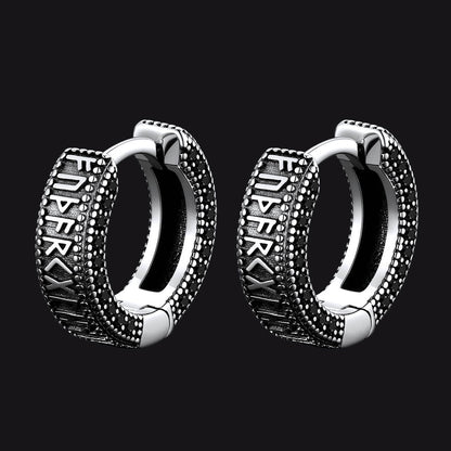 Norse Viking Runes Huggie Hoop Earrings in Sterling Silver