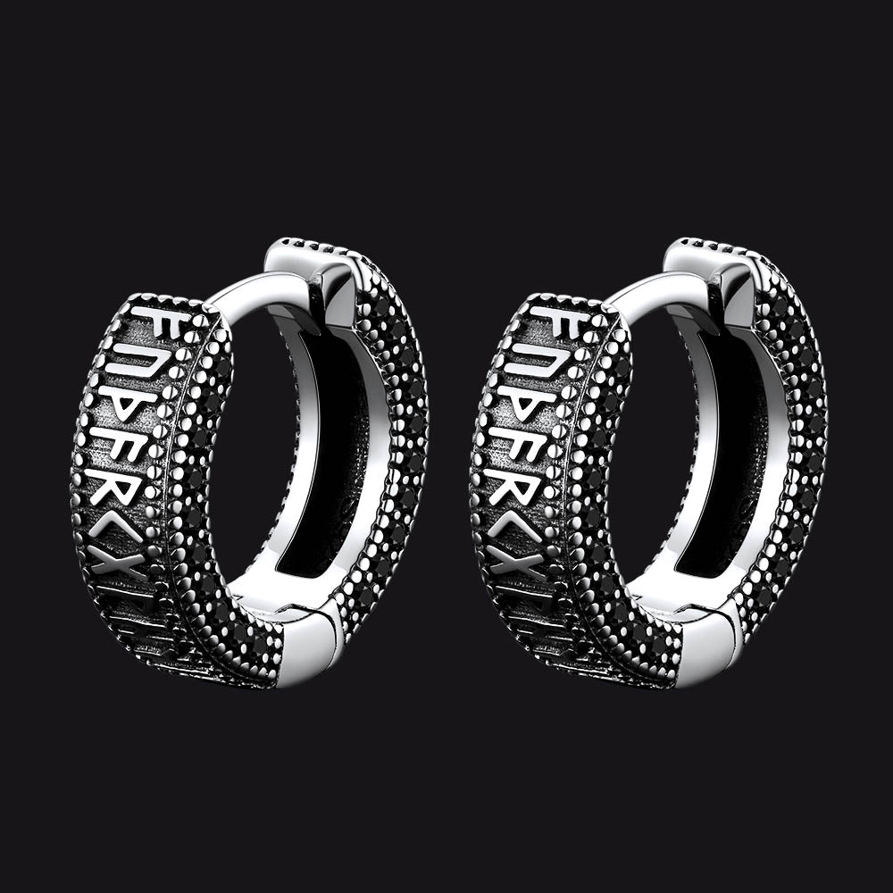 Sterling Silver Viking Runes Hoop Earrings With Black Zirconia for